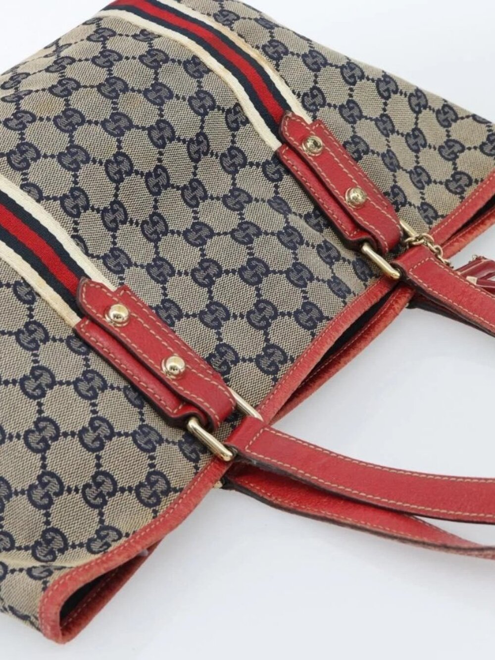 GUCCI GG Canvas Sherry Line Tote Bag Navy Gold 137396 Auth 183069 - Picture 6 of 16